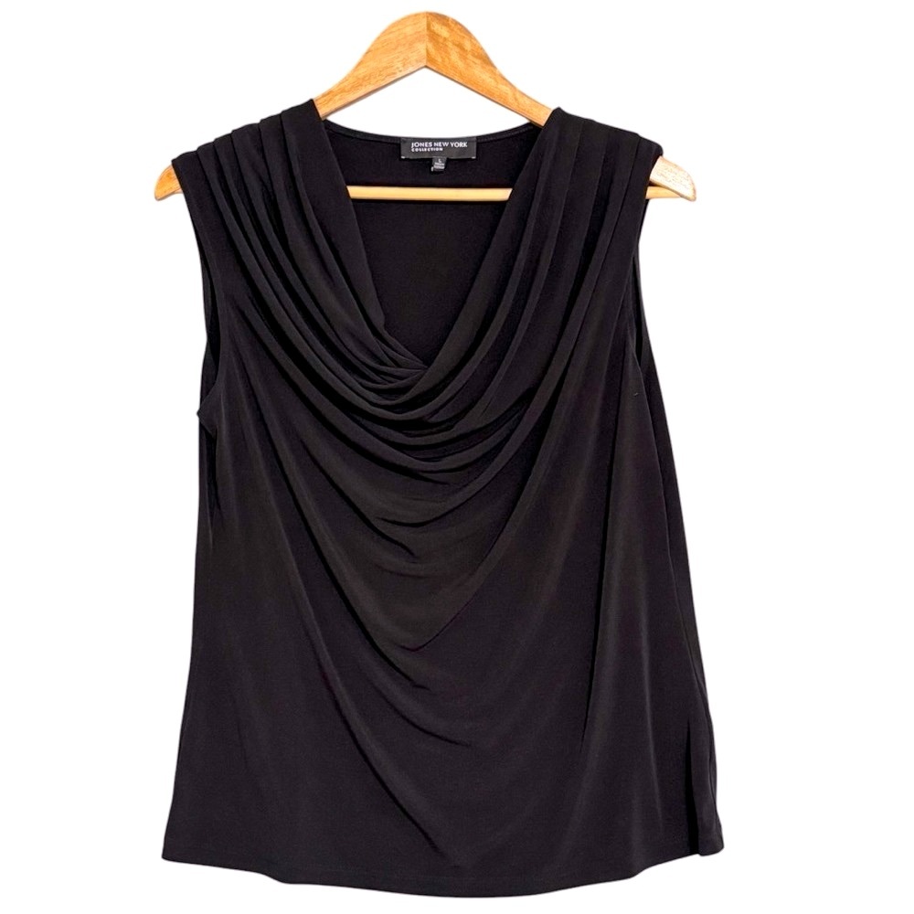 Jones New York Black Draped Cowl Neck Sleeveless Blouse | Size L